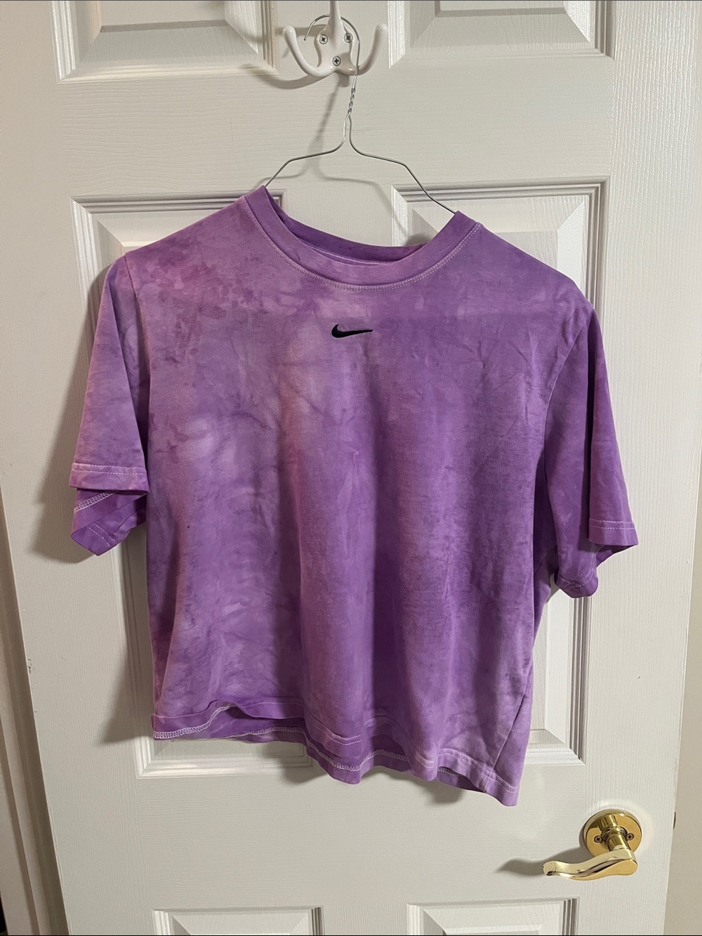 Nike Purple Tie-Dye Cropped Tee with Black Swoosh